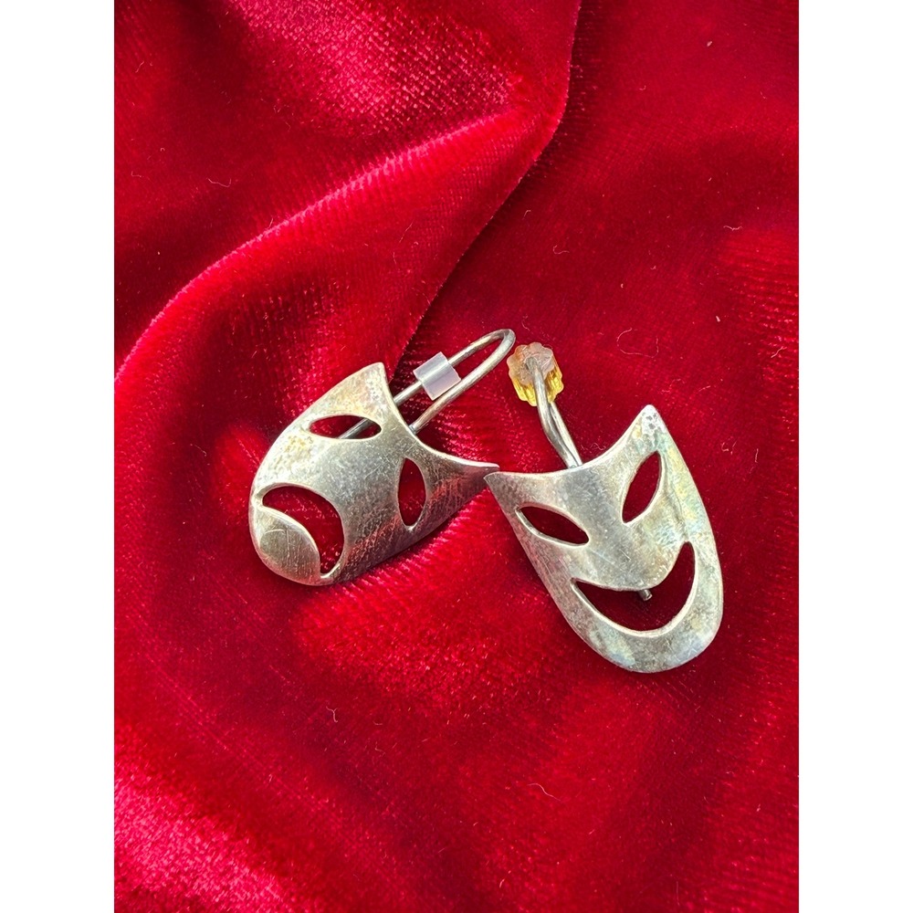 Vintage 925 Sterling Silver Comedy Theater Mask Drop Earrings Drama